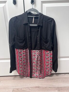 Free People Black Button-Down Shirt Red Floral Panel XS Front Pockets Boho Aztec